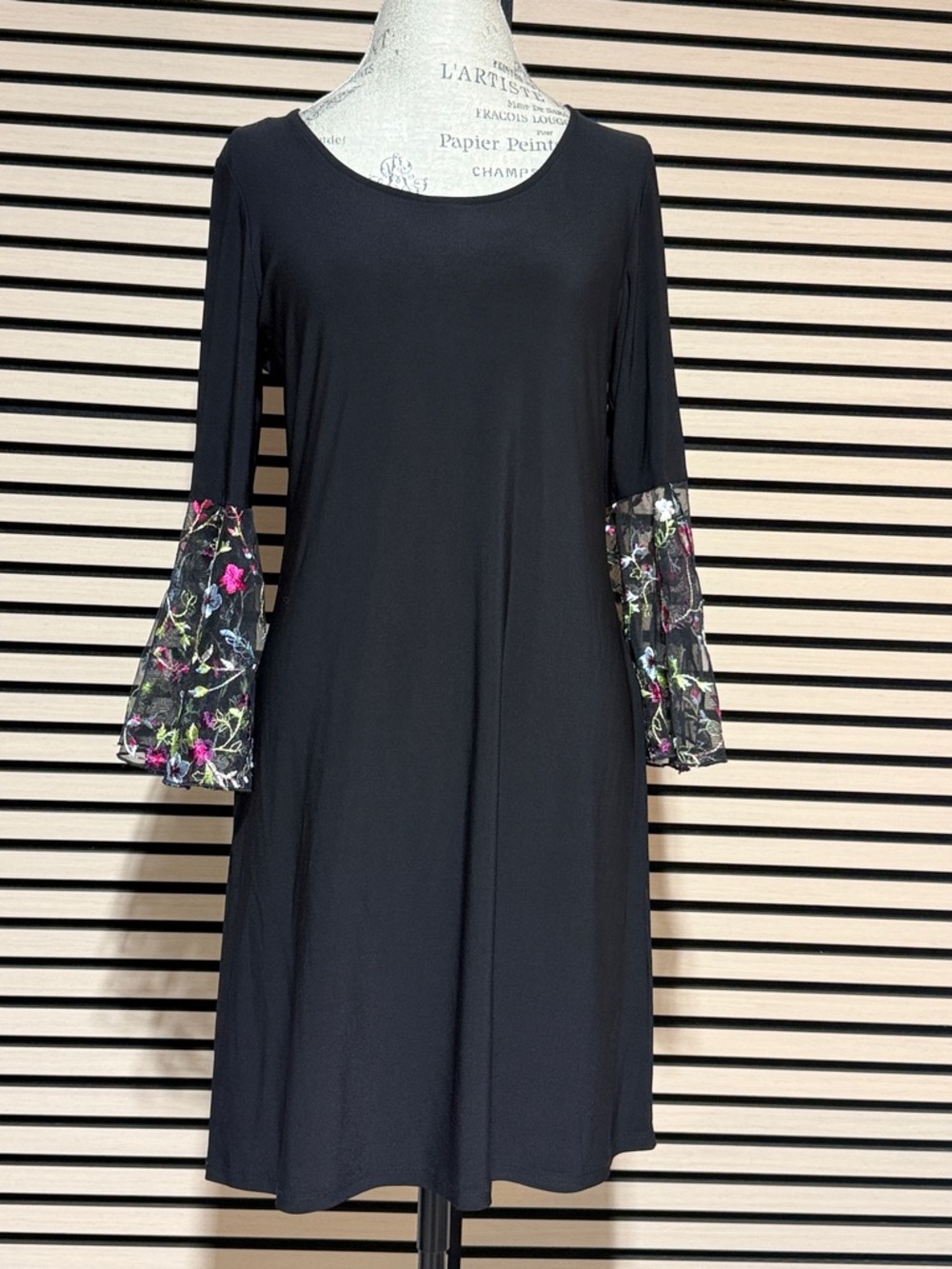 MSK Black A-Line Dress with Multicolor Floral Embroidered Sheer Bell Sleeves